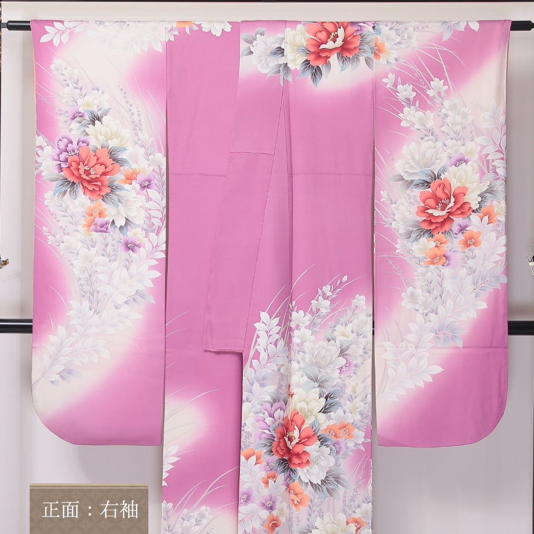 振袖 袷 身丈164cm 裄丈66cm 正絹 Sランク フォーマル 広衿 Lサイズ 金彩 牡丹 竜胆 ピンク系 RP 1215-06351