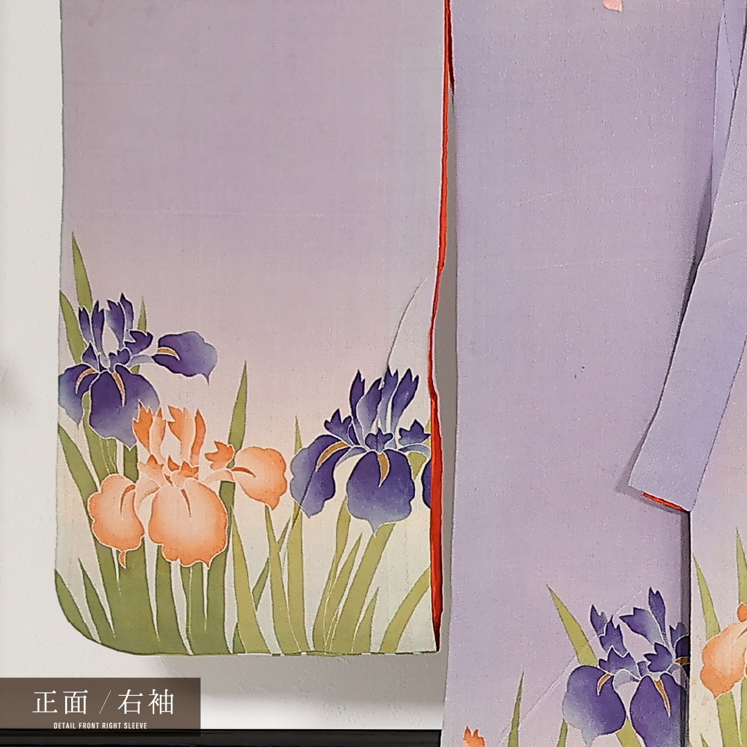 アンティーク 小振袖 (ちりめん) 袷 身丈128cm 裄丈63cm 正絹 Dランク 三つ紋 (三つ割五三桐) バチ衿 XSサイズ 菖蒲 紅葉 ちりめん グレー系 M4 1216-17555