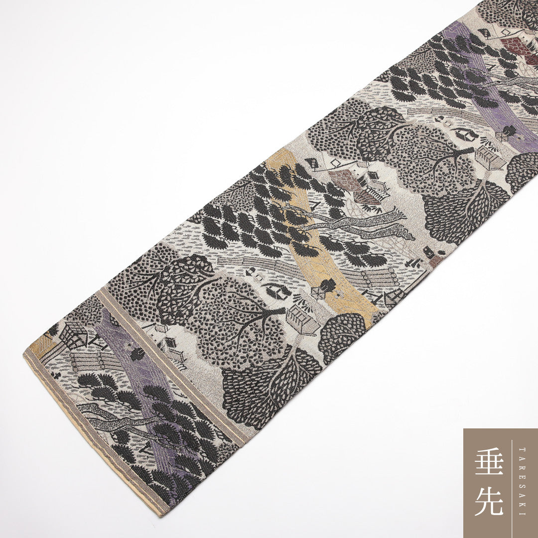 アンティーク 丸帯 帯丈380cm 正絹 全通 茶屋辻 グレー系 クリーム系 1242-02425