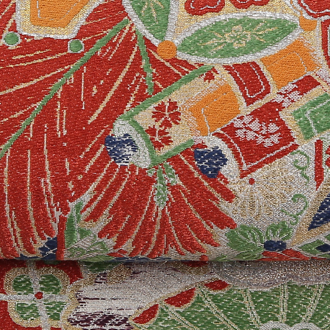 吉祥文様 アンティーク 丸帯 帯丈368cm 正絹 全通 クリーム系 1243-02605