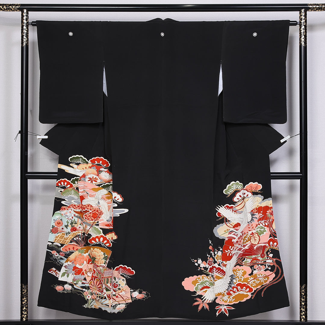 洗える着物 黒留袖 袷 身丈151cm 裄丈63cm ポリエステル Sランク 五つ紋 (丸に橘) フォーマル 広衿 Sサイズ 扇面文 松鶴 黒系 RP 1213-06567