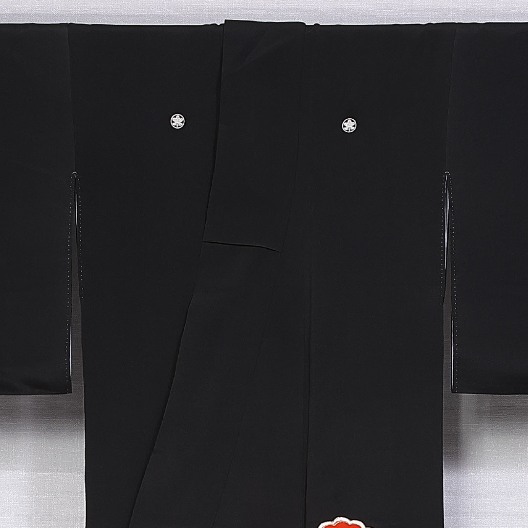 洗える着物 黒留袖 袷 身丈151cm 裄丈63cm ポリエステル Sランク 五つ紋 (丸に橘) フォーマル 広衿 Sサイズ 扇面文 松鶴 黒系 RP 1213-06567