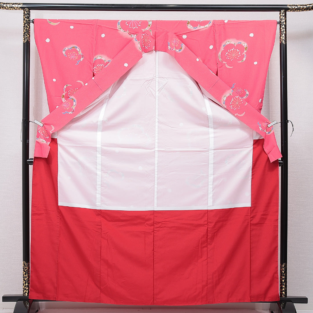 小振袖 袷 身丈163cm 裄丈65cm 正絹 Cランク セミフォーマル 広衿 Lサイズ 梅 ピンク系 LP 1216-07032