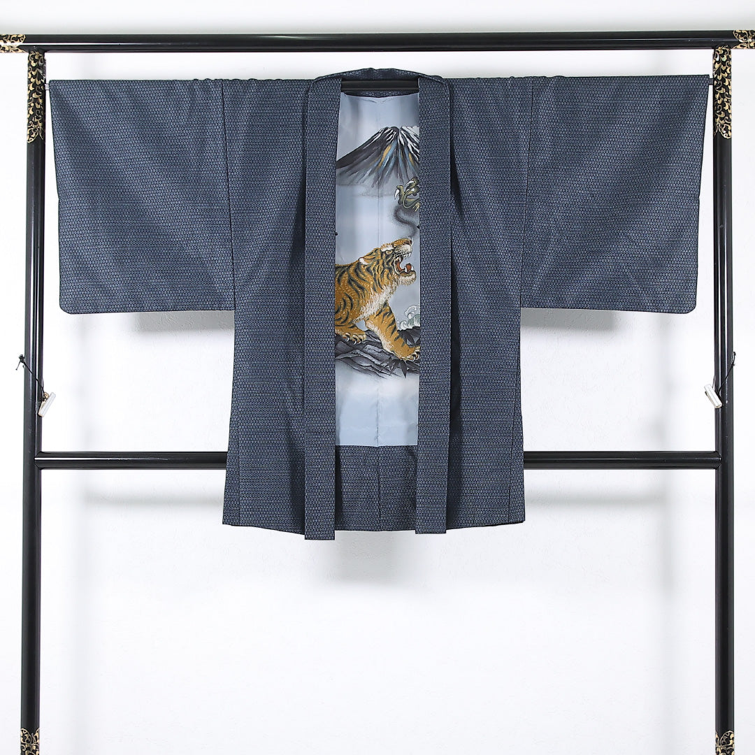 アンサンブル 男着物 (紬) 袷 身丈141cm 裄丈68cm 正絹 Sランク インフォーマル 棒衿 Sサイズ 亀甲 紺系 RP 1224-17364