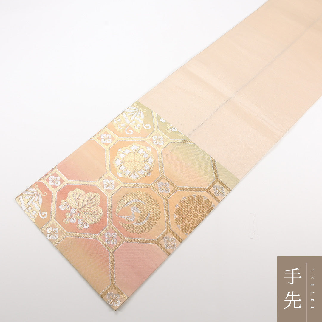 袋帯 帯丈408cm 正絹 六通 フォーマル 蜀江 金系 ピンク系 1243-02525