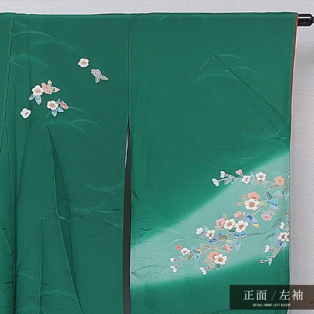 洗える着物 小振袖 袷 身丈165cm 裄丈66cm ポリエステル Sランク セミフォーマル 広衿 XLサイズ 桜 緑系 RP 1216-07071
