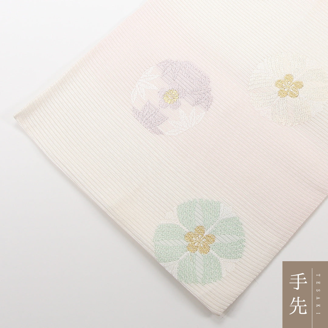 夏物 袋帯 帯丈432cm 正絹 六通 インフォーマル 丸文 クリーム系 ピンク系 1243-02518