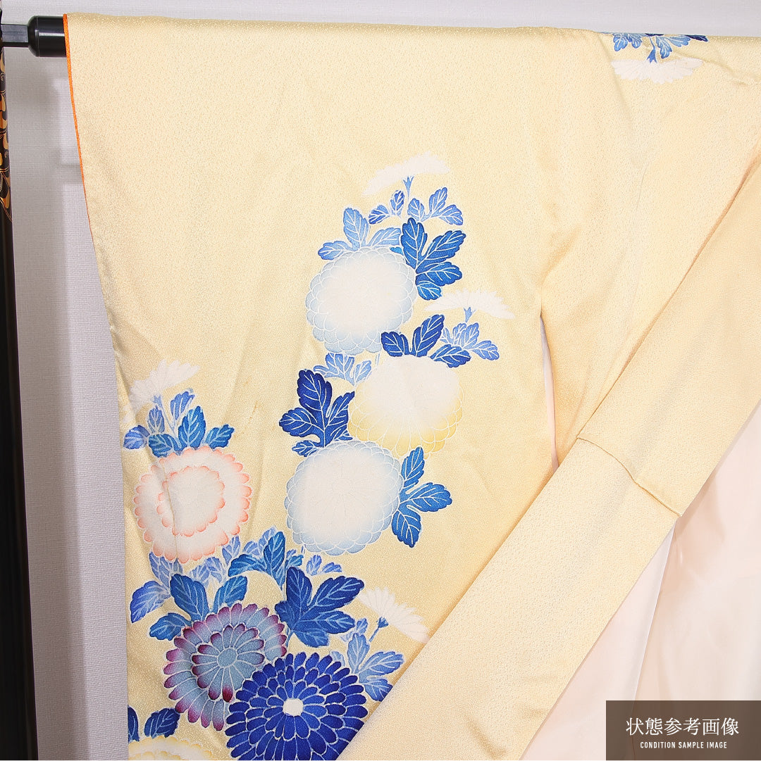 振袖 袷 身丈160cm 裄丈65cm 正絹 Bランク フォーマル 広衿 Lサイズ 刺繍 菊 黄系 RP 1215-06730