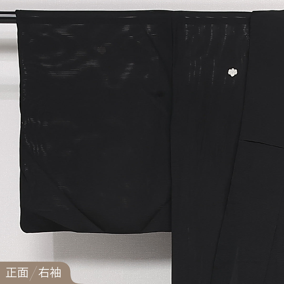夏物 黒紋付 絽 身丈151cm 裄丈63cm 正絹 Sランク 五つ紋 (五三桐) 弔事用 広衿 Sサイズ 黒系 RP 1230-06812