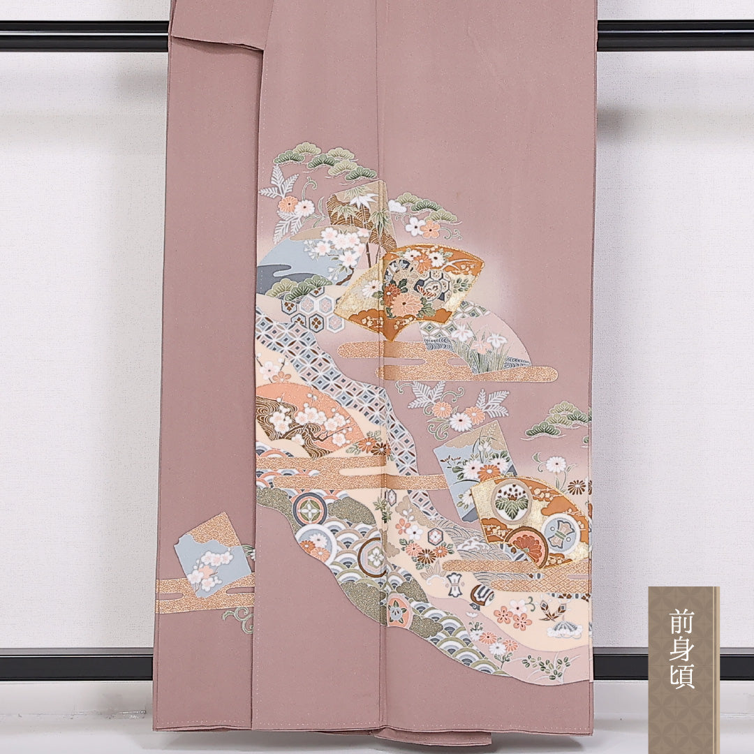 色留袖 袷 身丈157cm 裄丈67cm 正絹 Aランク 三つ紋 (丸に木瓜) フォーマル 広衿 Mサイズ 刺繍 道長取り 扇面文 ピンク系 RP 1214-06556