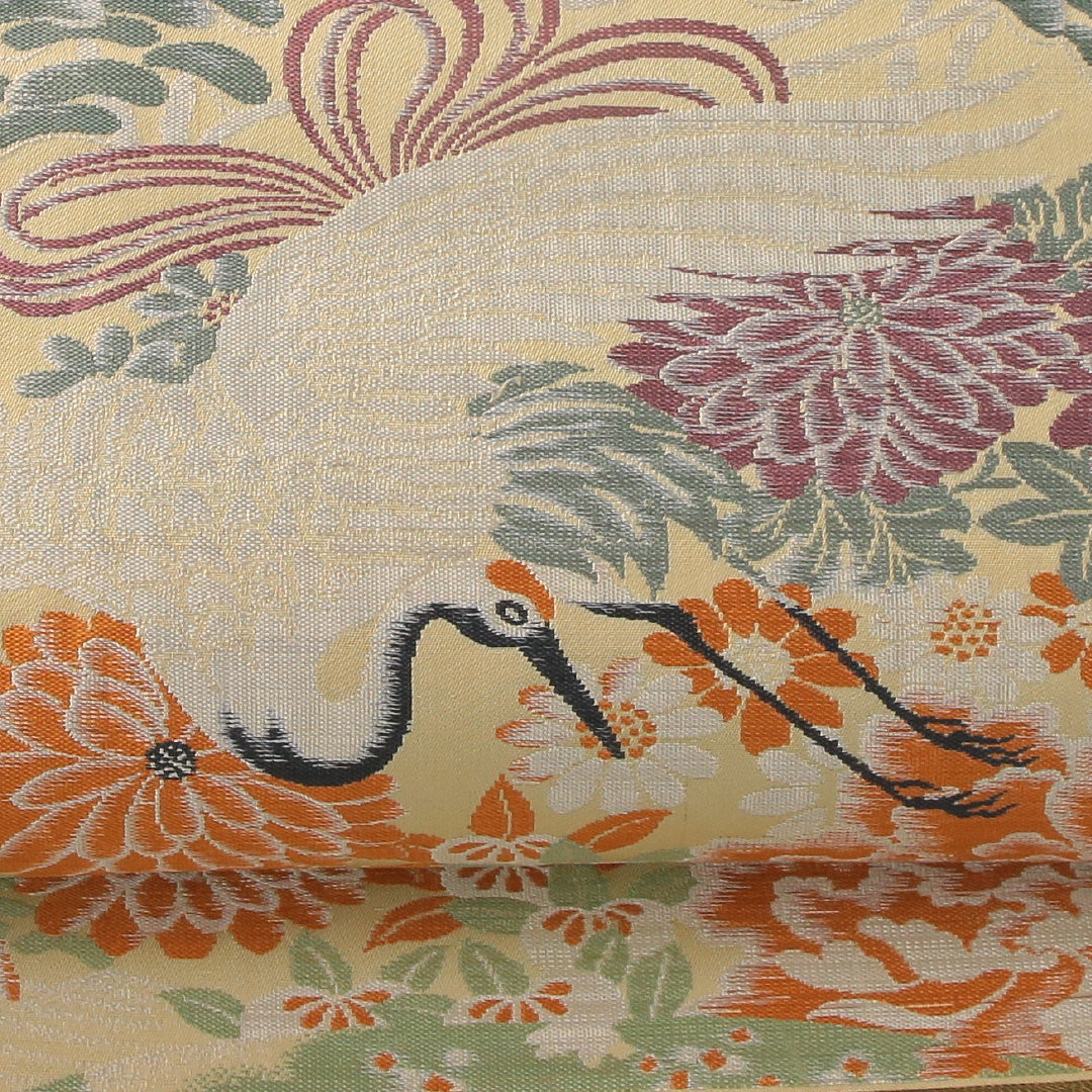 アンティーク 丸帯 帯丈392cm 正絹 全通 御所車 鶴 クリーム系 金系 1242-02423