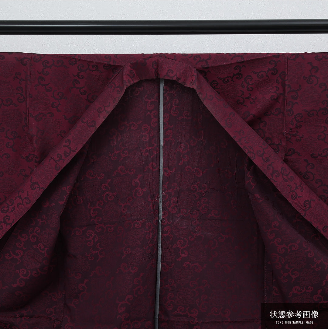 アンティーク お召 単衣 身丈154cm 裄丈67cm 正絹 Cランク バチ衿 XSサイズ ケイトウ 赤系 RP 1222-17262