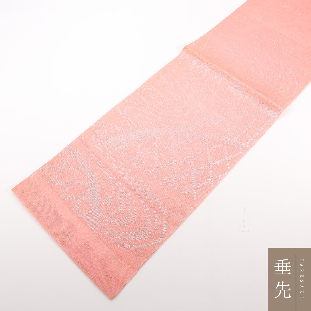 夏物 本袋帯 帯丈444cm 正絹 六通 証紙番号56 洛陽織物（旧滋賀辰） セミフォーマル 光悦垣 流水 証紙 ピンク系 1243-02468