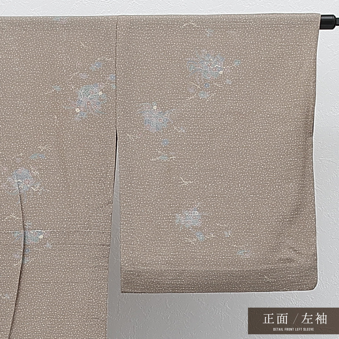 夏物 洗える着物 小紋 絽 身丈166cm 裄丈67cm ポリエステル Aランク インフォーマル 広衿 2XLサイズ 花籠 ベージュ系 RP 1221-17275