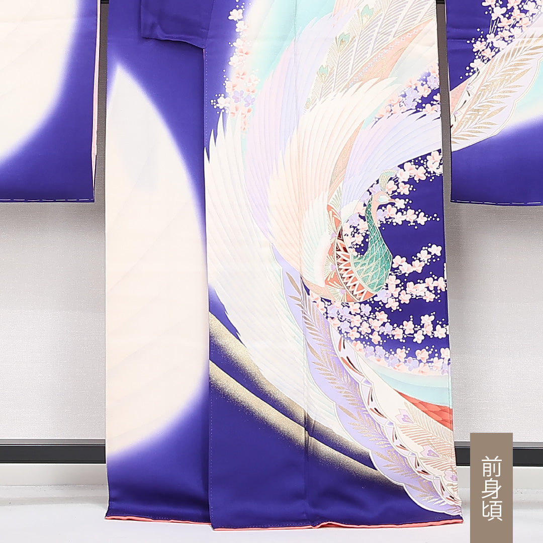 振袖 袷 身丈166cm 裄丈65cm 正絹 Bランク フォーマル 広衿 XLサイズ 鳳凰 青系 RP 1215-06801