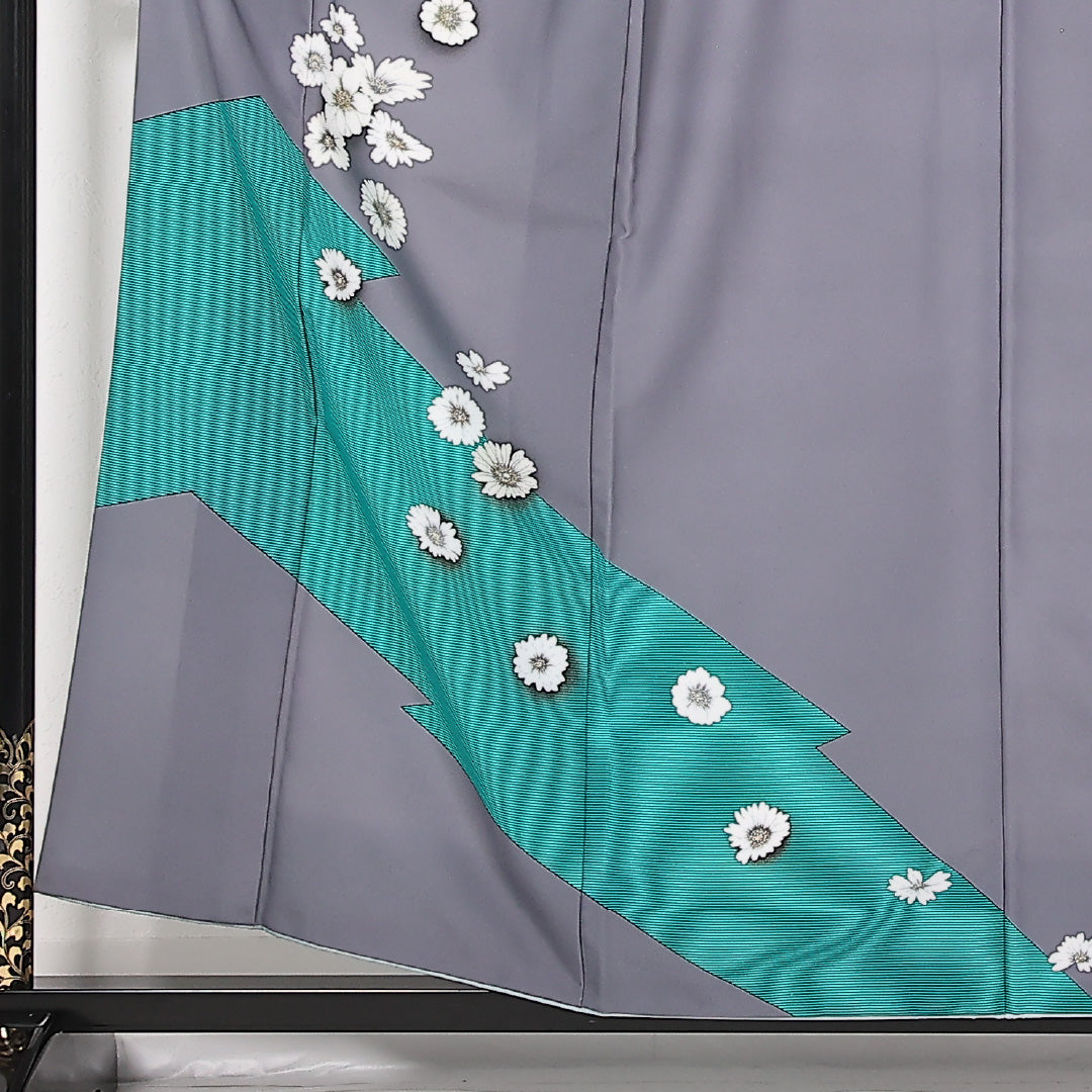 洗える着物 訪問着 単衣 身丈157cm 裄丈66cm ポリエステル Aランク 踊り用 バチ衿 Mサイズ 菊 グレー系 LP 1217-17512