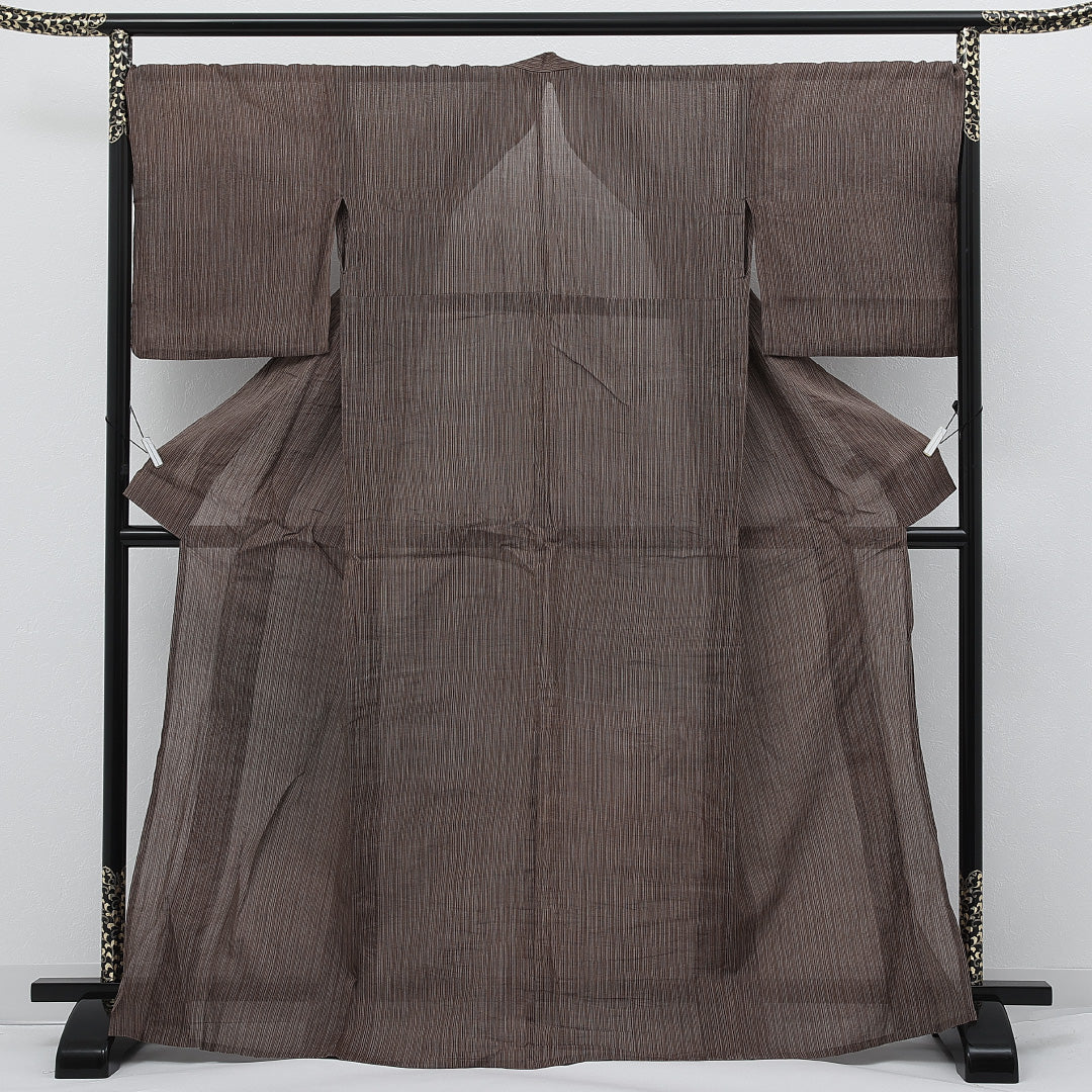 夏物 洗える着物 麻の紬 身丈169cm 裄丈71cm 麻 Aランク カジュアル 広衿 XLサイズ 縞 茶系 RP 1223-17277