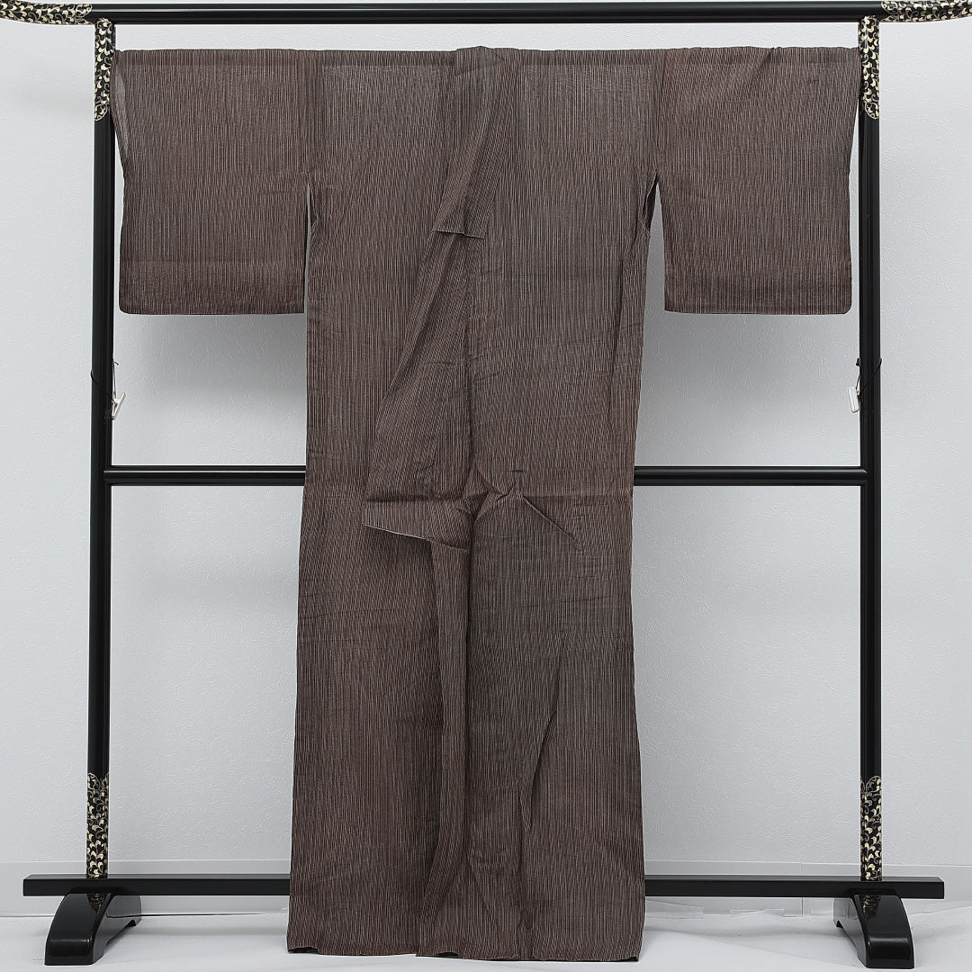 夏物 洗える着物 麻の紬 身丈169cm 裄丈71cm 麻 Aランク カジュアル 広衿 XLサイズ 縞 茶系 RP 1223-17277