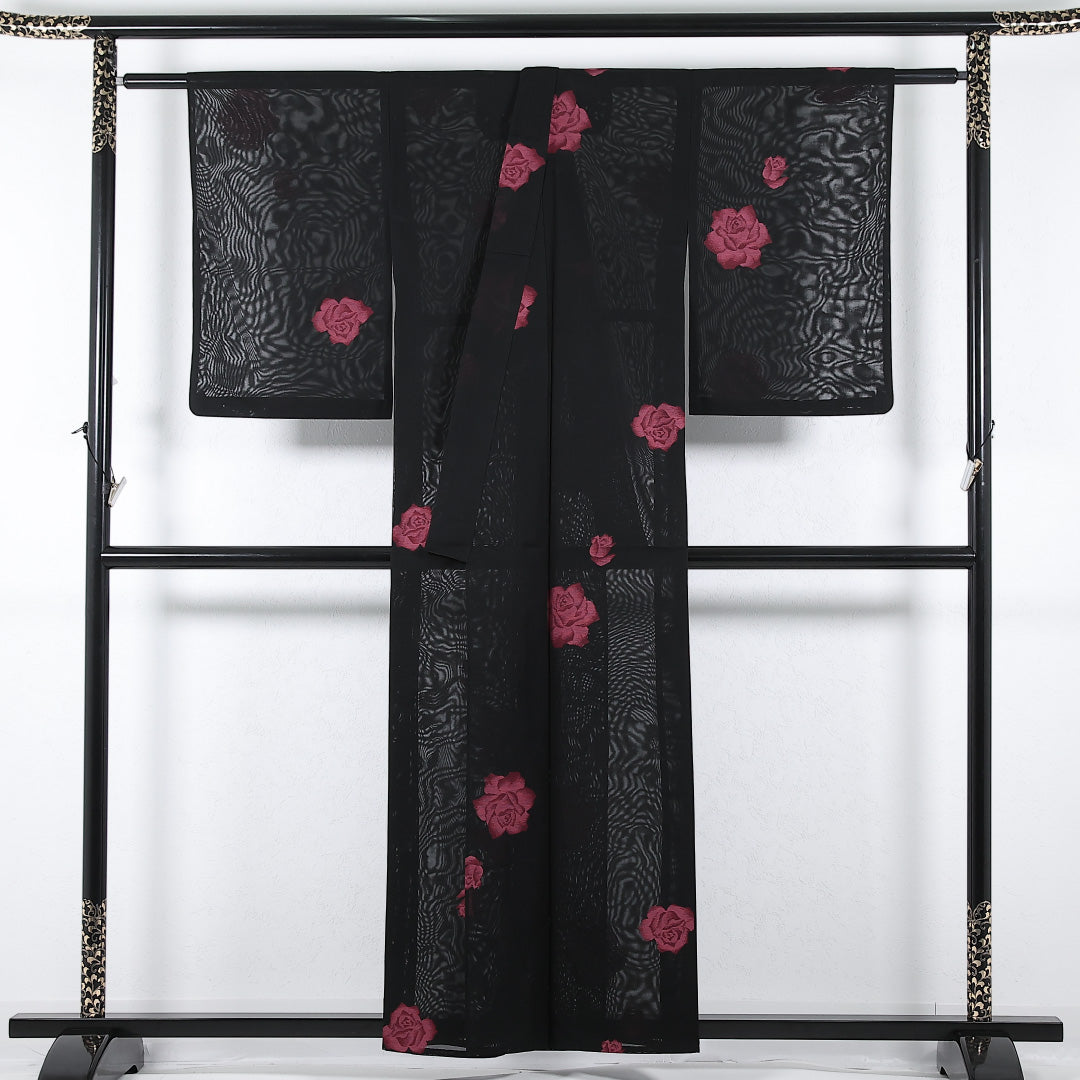 夏物 小紋 紗 身丈154cm 裄丈62cm 正絹 Sランク インフォーマル バチ衿 Lサイズ 薔薇 黒系 M4 1221-17356