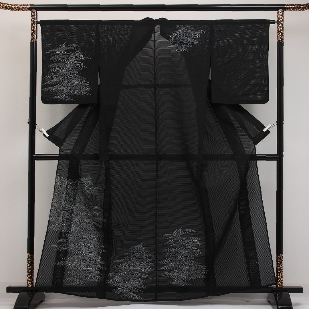 夏物 付下げ 絽 身丈159cm 裄丈64cm 正絹 Aランク インフォーマル 広衿 XLサイズ 光琳波 黒系 RP 1218-17304