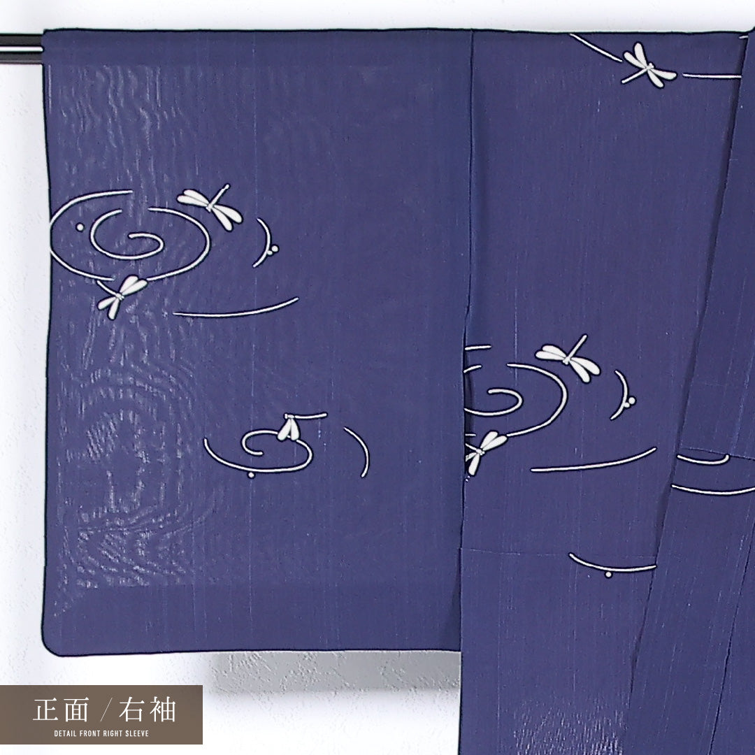夏物 小紋 身丈166cm 裄丈64cm 正絹 Cランク インフォーマル 広衿 Sサイズ ガード加工 蜻蛉 紺系 RP 1221-17345