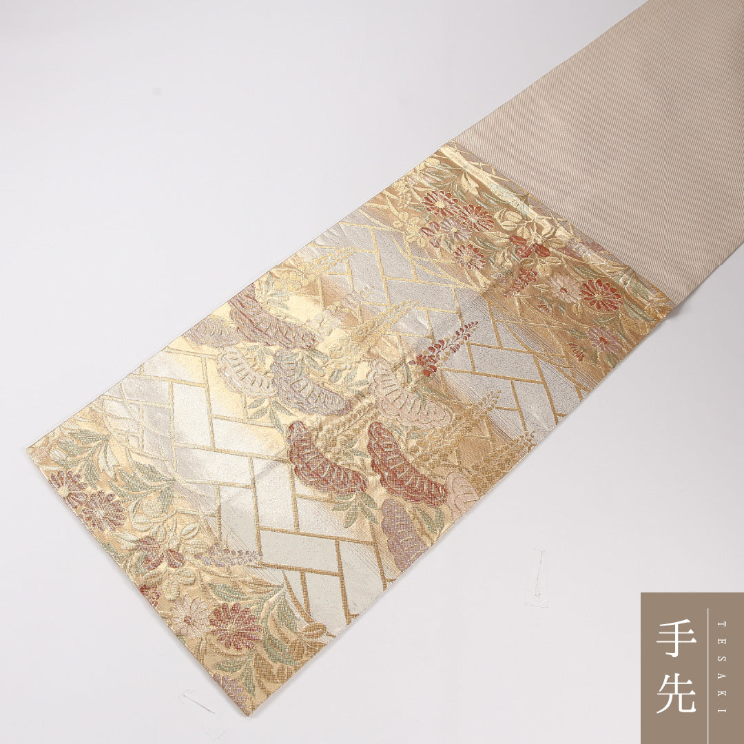 藤 袋帯 帯丈448cm 正絹 六通 フォーマル 藤・笠松 笠松 クリーム系 金系 1243-02628