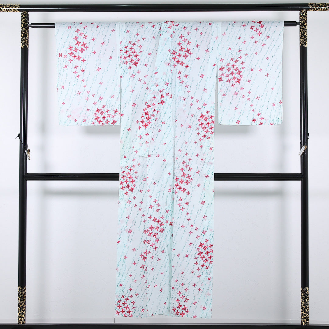 夏物 洗える着物 麻の小紋 身丈146cm 裄丈62cm 麻 Sランク インフォーマル バチ衿 XSサイズ 花柄 白系 RP 1221-17359
