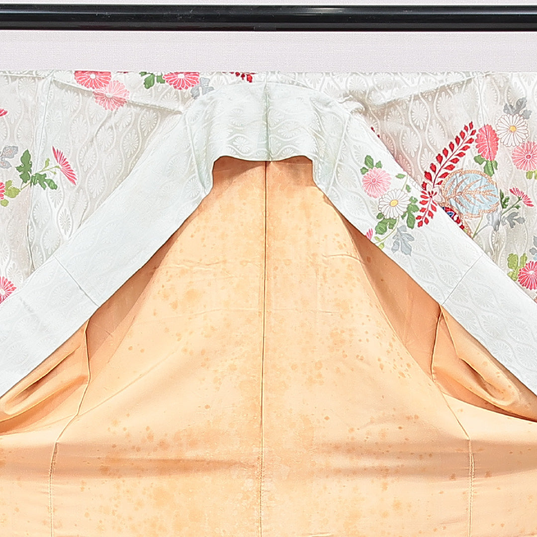 振袖 袷 身丈157cm 裄丈63cm 正絹 Cランク フォーマル 広衿 Mサイズ 刺繍 菊 桐 緑系 LP 1215-07022