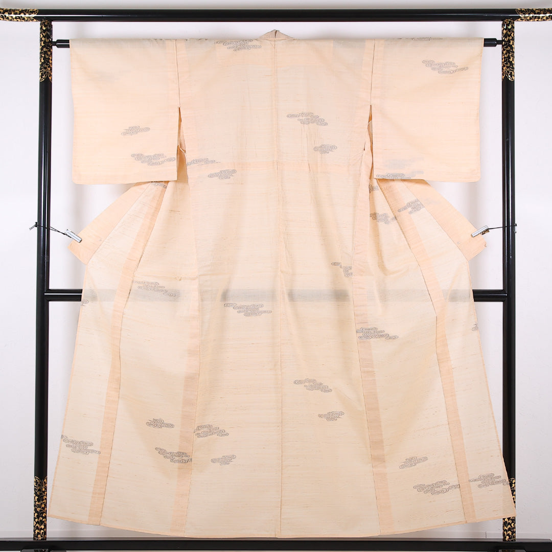 夏物 紬 夏紬 身丈154cm 裄丈62cm 正絹 Cランク カジュアル バチ衿 Sサイズ 観世水 ベージュ系 RP 1223-17346