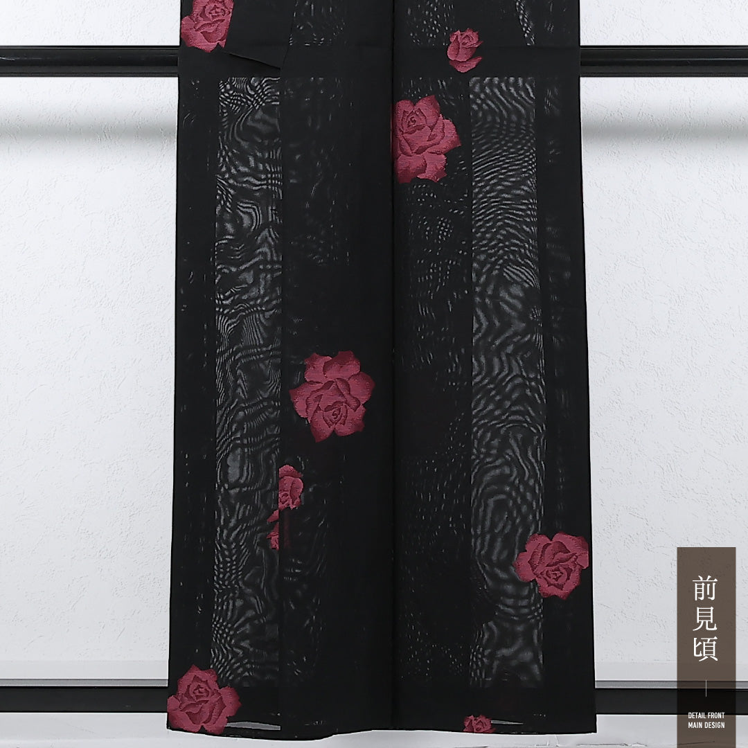 夏物 小紋 紗 身丈154cm 裄丈62cm 正絹 Sランク インフォーマル バチ衿 Lサイズ 薔薇 黒系 M4 1221-17356