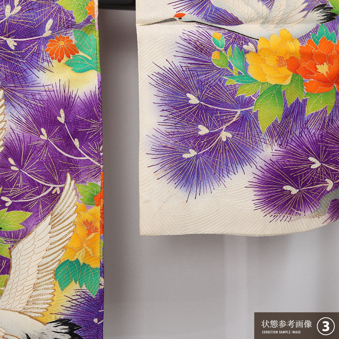 振袖 袷 身丈164cm 裄丈66cm 正絹 Bランク フォーマル 広衿 Lサイズ 鶴 菊 松 クリーム系 RP 1215-06739
