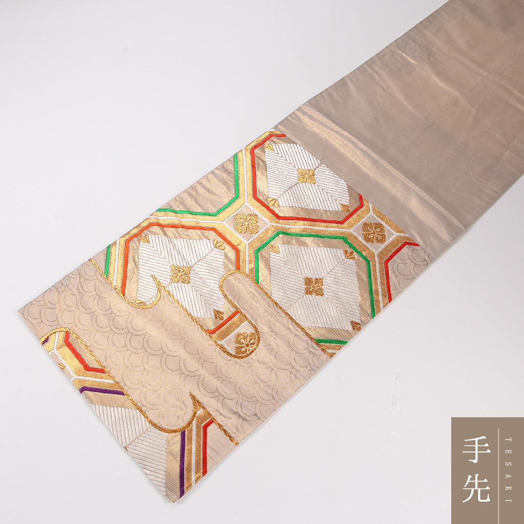 蜀江 袋帯 帯丈424cm 正絹 六通 フォーマル クリーム系 ピンク系 1243-02629