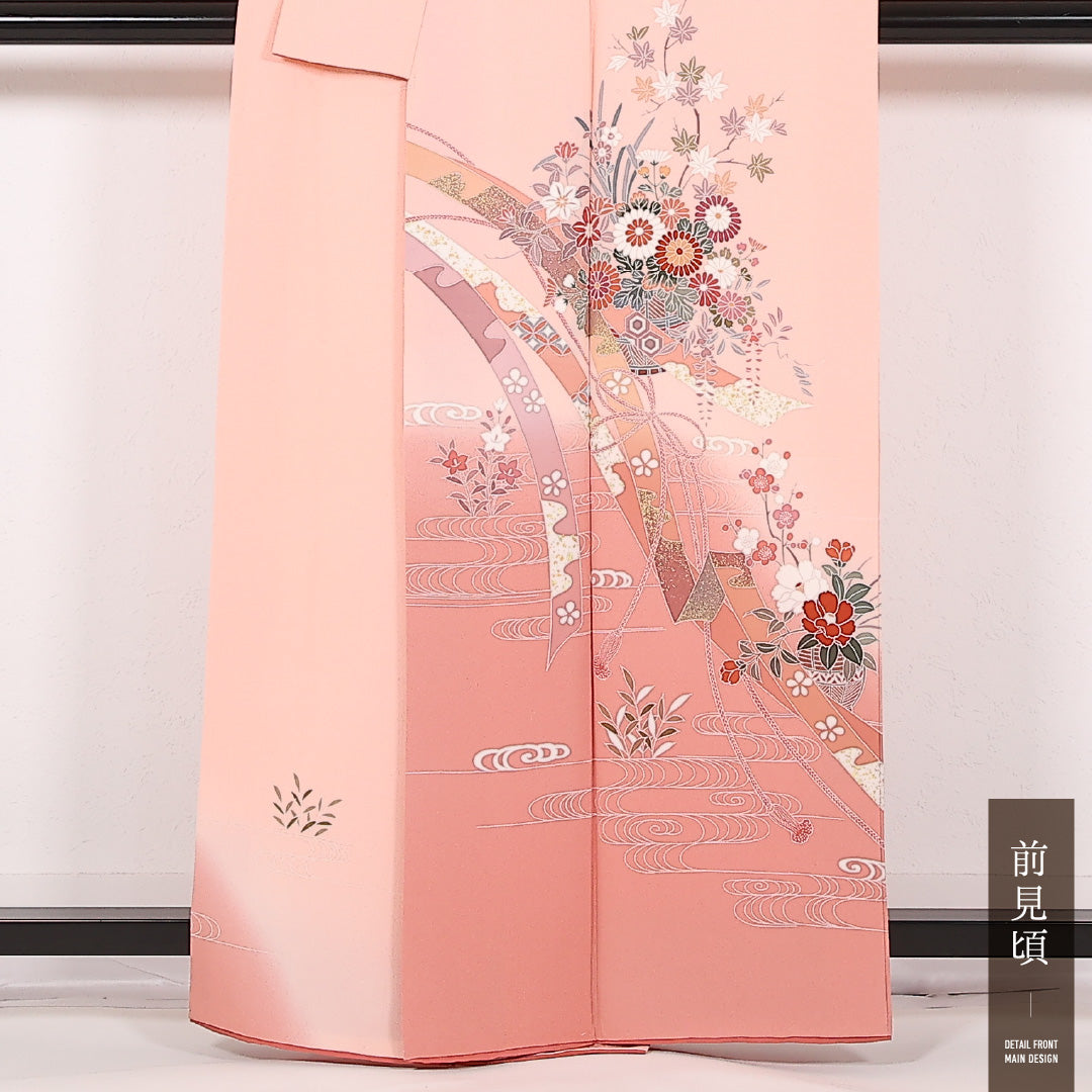 訪問着 袷 身丈160cm 裄丈66cm 正絹 Aランク セミフォーマル 広衿 Mサイズ 熨斗 観世水 四季草花 ピンク系 RP 1217-17526