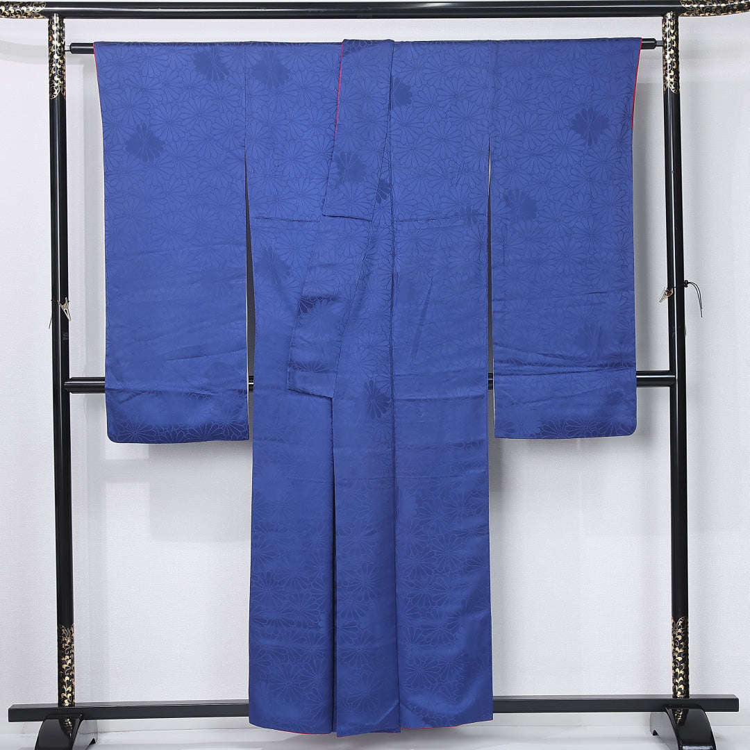 振袖 袷 身丈155cm 裄丈64cm 正絹 Aランク 三つ紋 (丸に九枚笹) 紋意匠 (菊) フォーマル 広衿 Mサイズ 菊 無地 青系 RP 1215-06742