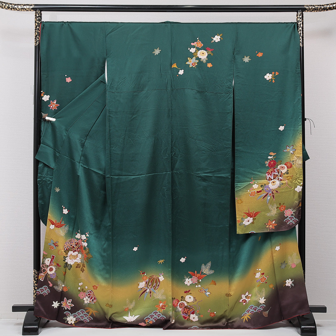 振袖 袷 身丈167cm 裄丈71cm 正絹 Aランク フォーマル 広衿 XLサイズ 毬 牡丹 緑系 RP 1215-06985