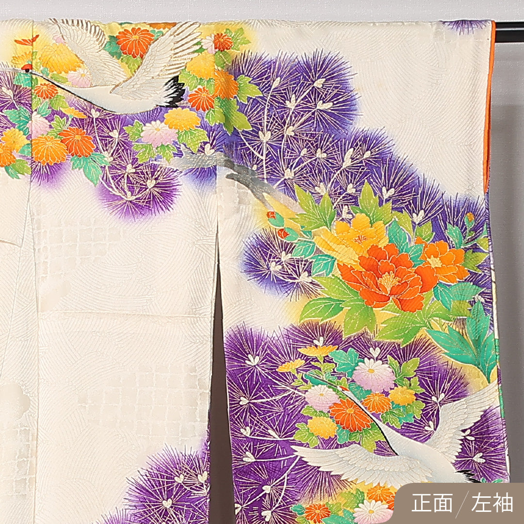 振袖 袷 身丈164cm 裄丈66cm 正絹 Bランク フォーマル 広衿 Lサイズ 鶴 菊 松 クリーム系 RP 1215-06739