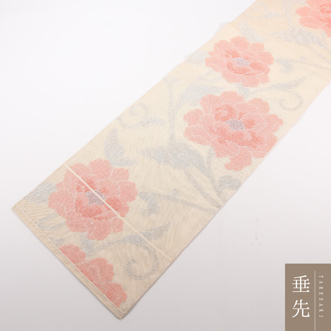 夏物 袋帯 帯丈428cm 正絹 六通 インフォーマル 唐草牡丹 クリーム系 1243-02512