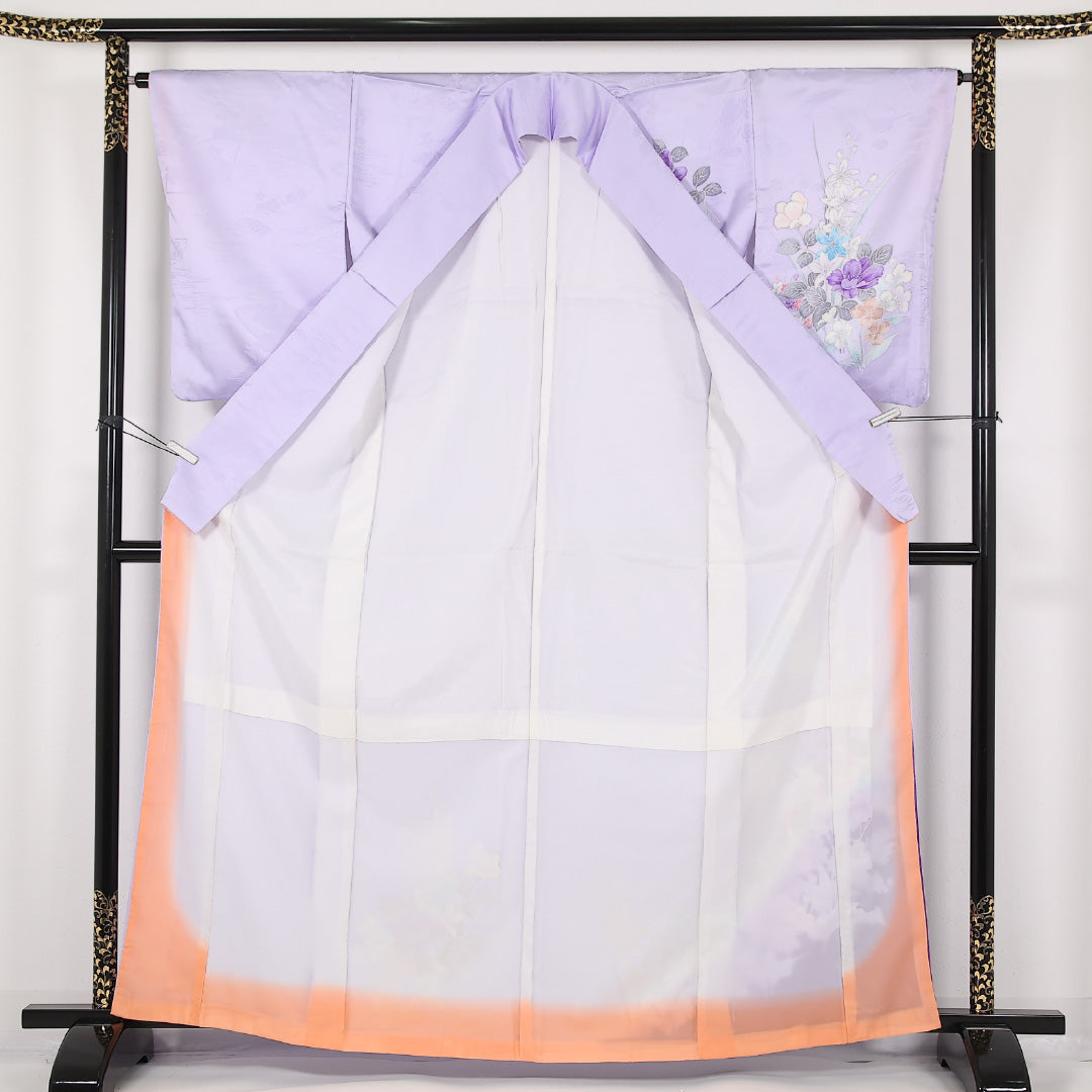 洗える着物 訪問着 袷 身丈162cm 裄丈64cm ポリエステル Aランク セミフォーマル 広衿 Lサイズ 花柄 紫系 RP 1217-17439