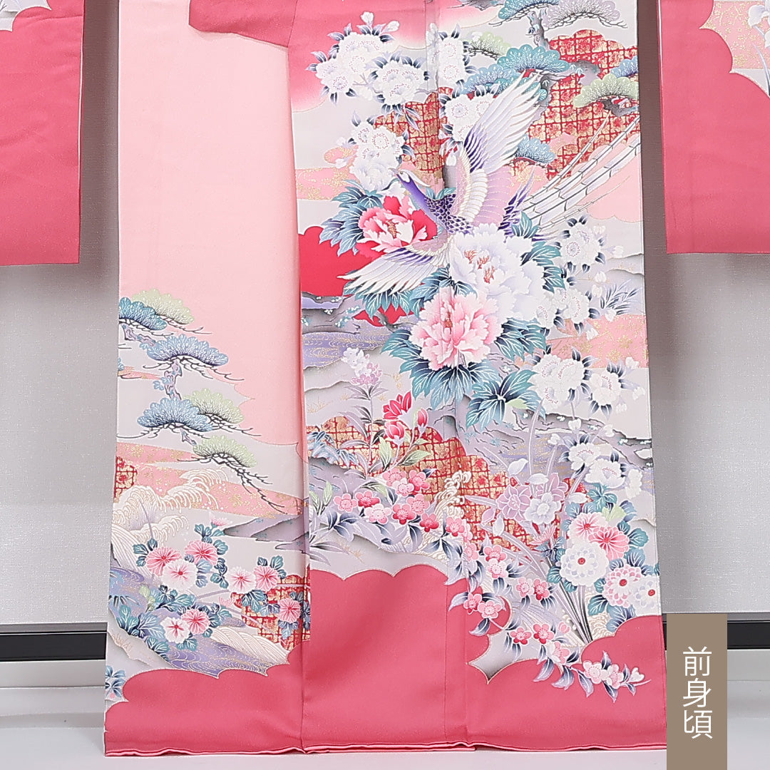 振袖 袷 身丈165cm 裄丈66cm 正絹 Bランク フォーマル 広衿 XLサイズ 鳳翔 作家物 落款 尾長鳥 牡丹 松 ピンク系 M4 1215-06749