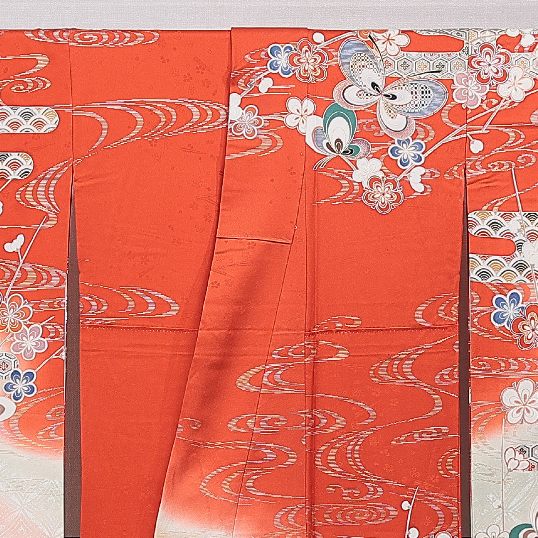 振袖 袷 身丈165cm 裄丈66cm 正絹 Sランク フォーマル 広衿 XLサイズ 蝶 亀甲 菊 朱系 RP 1215-06993