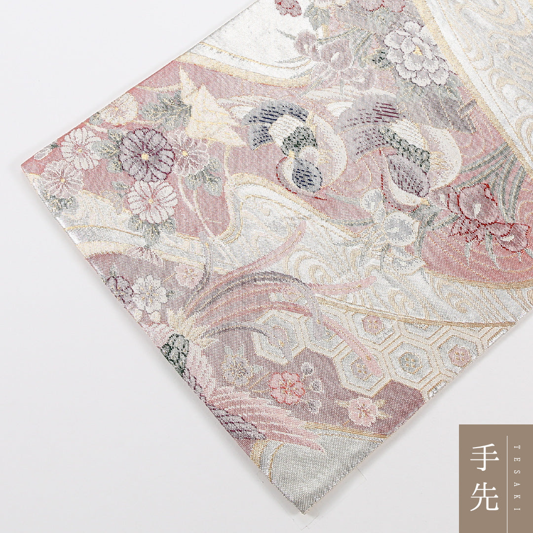 鳥 袋帯 帯丈436cm 正絹 六通 フォーマル 牡丹・菊 牡丹 クリーム系 ピンク系 1243-02572
