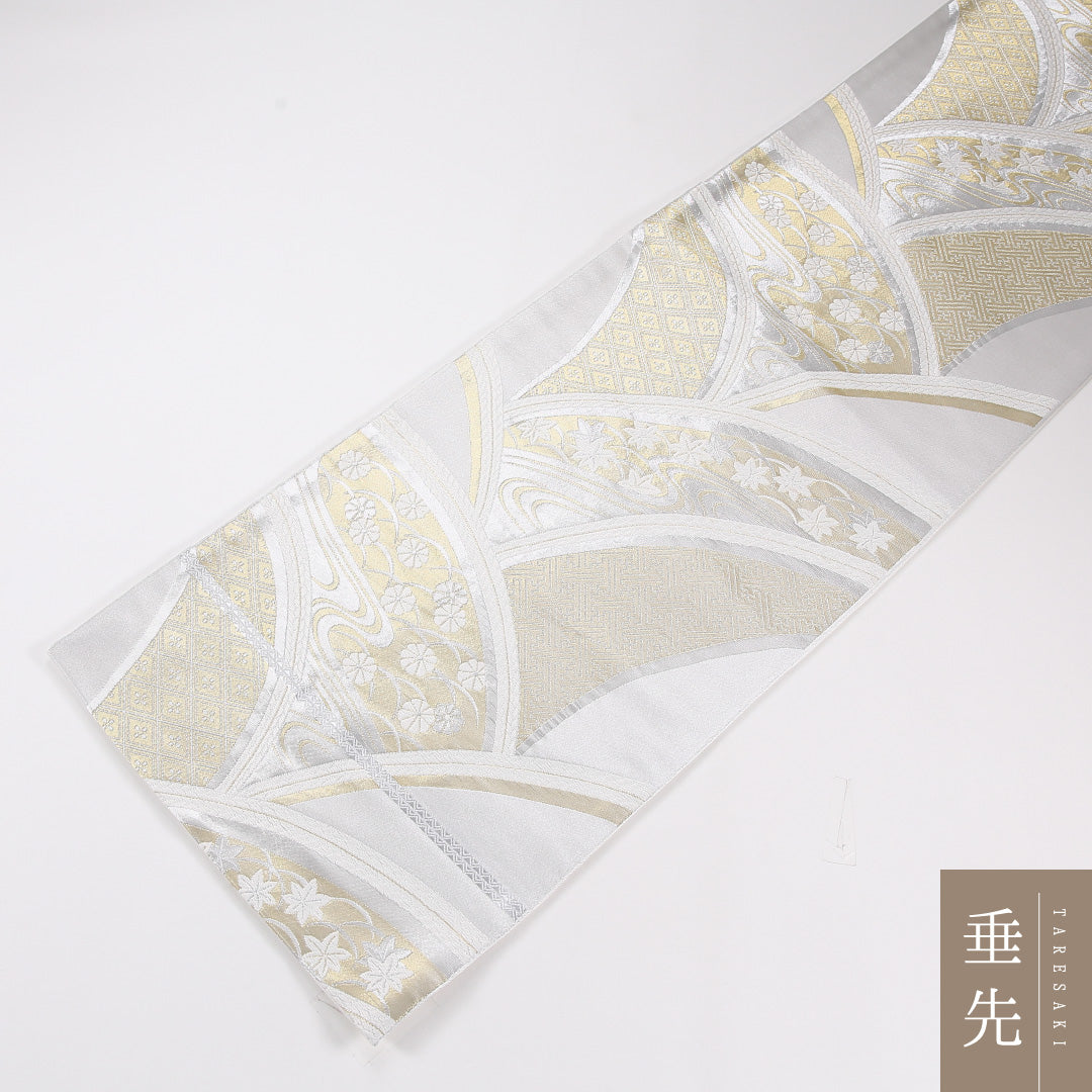 龍田川 袋帯 帯丈412cm 正絹 六通 フォーマル 白系 銀系 1243-02611