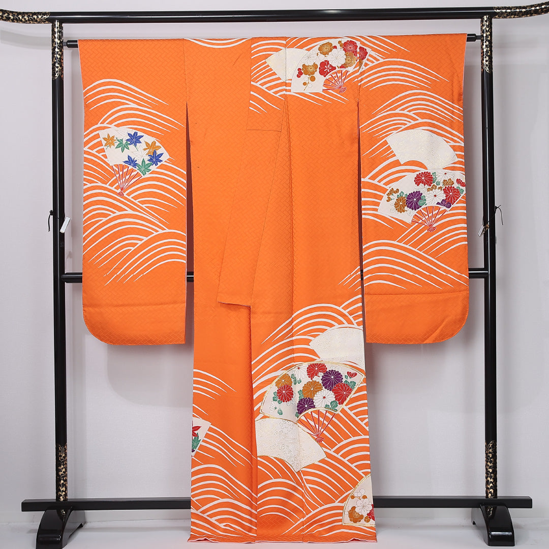 振袖 袷 身丈171cm 裄丈67cm 正絹 Aランク フォーマル 広衿 2XLサイズ 菊 朱系 RP 1215-06733