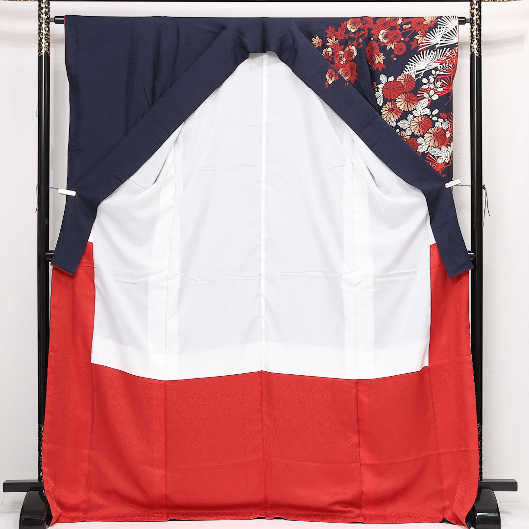 振袖 袷 身丈177cm 裄丈64cm 正絹 Sランク フォーマル 広衿 3XLサイズ 金彩 菊 松 紺系 M4 1215-06833