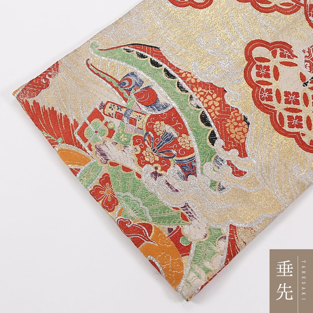 吉祥文様 アンティーク 丸帯 帯丈368cm 正絹 全通 クリーム系 1243-02605