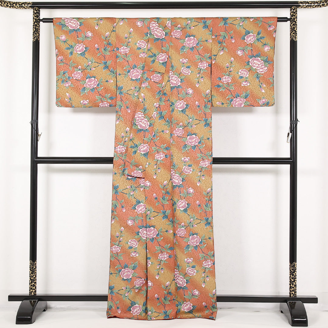 洗える着物 小紋 袷 身丈164cm 裄丈66cm ポリエステル Sランク インフォーマル 広衿 XLサイズ 牡丹 茶系 RP 1221-17440