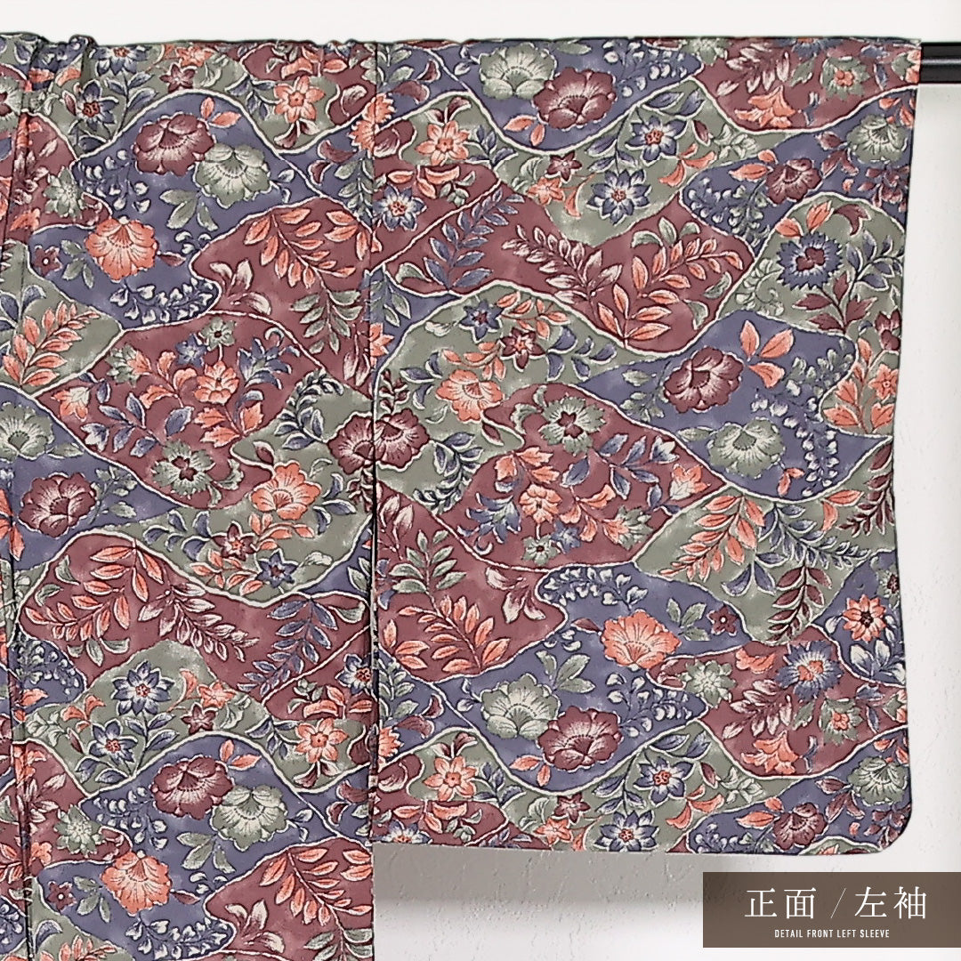 洗える着物 小紋 単衣 身丈151cm 裄丈64cm ポリエステル Sランク インフォーマル バチ衿 XSサイズ 更紗 多色系 RP 1221-17416
