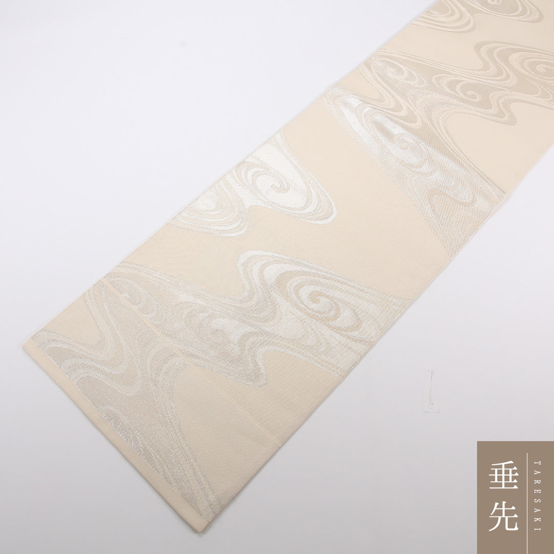 夏物 袋帯 帯丈426cm 正絹 六通 セミフォーマル 綴れ織 流水 クリーム系 1243-02483
