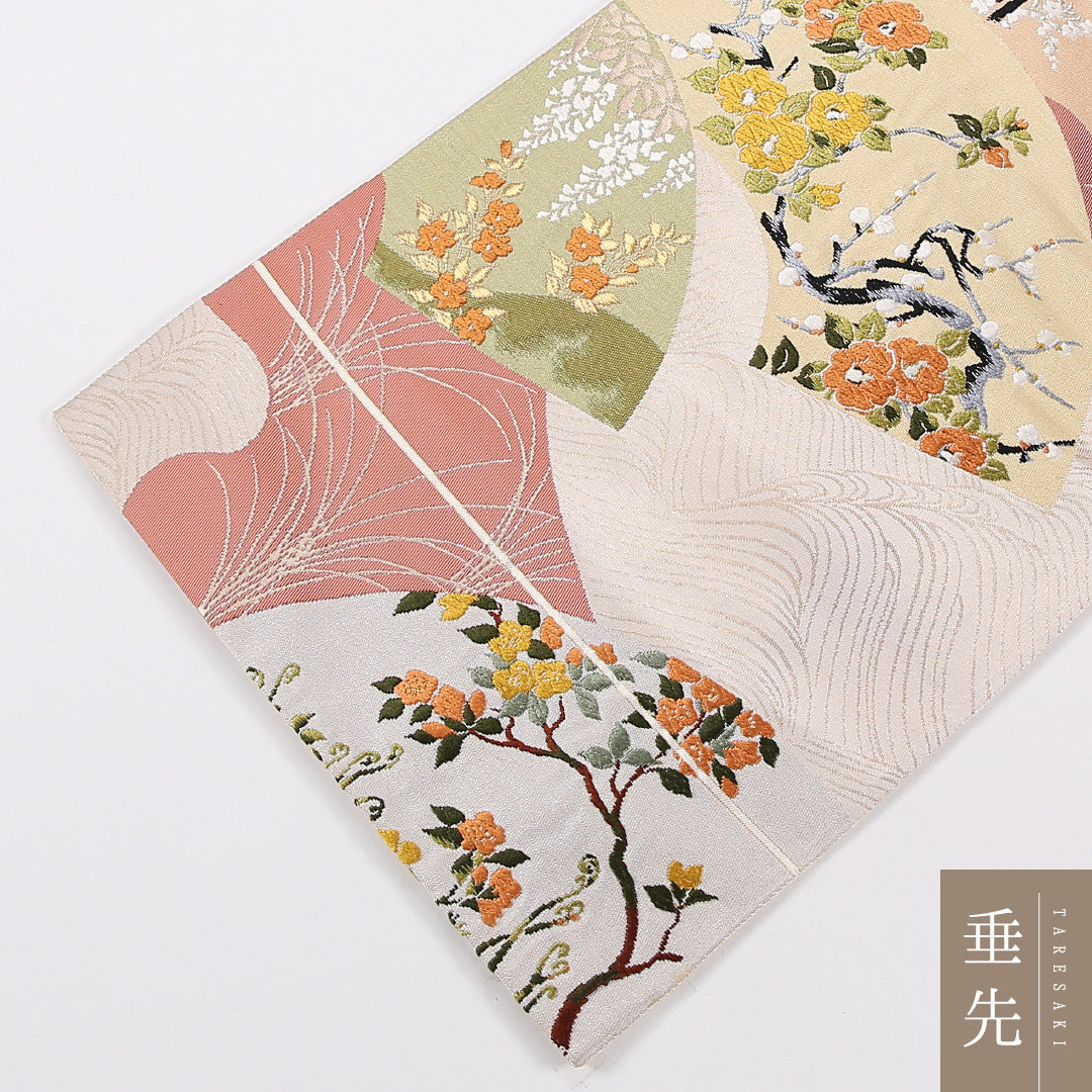 扇面文 袋帯 帯丈428cm 正絹 六通 フォーマル 梅 クリーム系 ピンク系 1243-02595