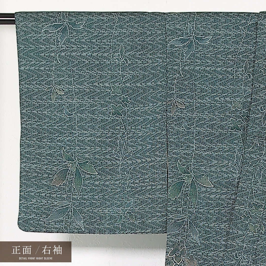 洗える着物 小紋 単衣 身丈160cm 裄丈65cm ポリエステル Sランク インフォーマル バチ衿 Sサイズ 植物柄 緑系 RP 1221-17432